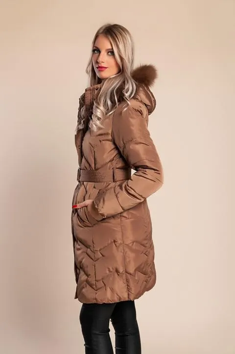 Chaqueta larga acolchada con capucha, camello