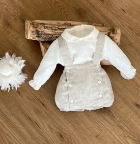 Set for boy. Frog and ceremony blouse. Beige and sand