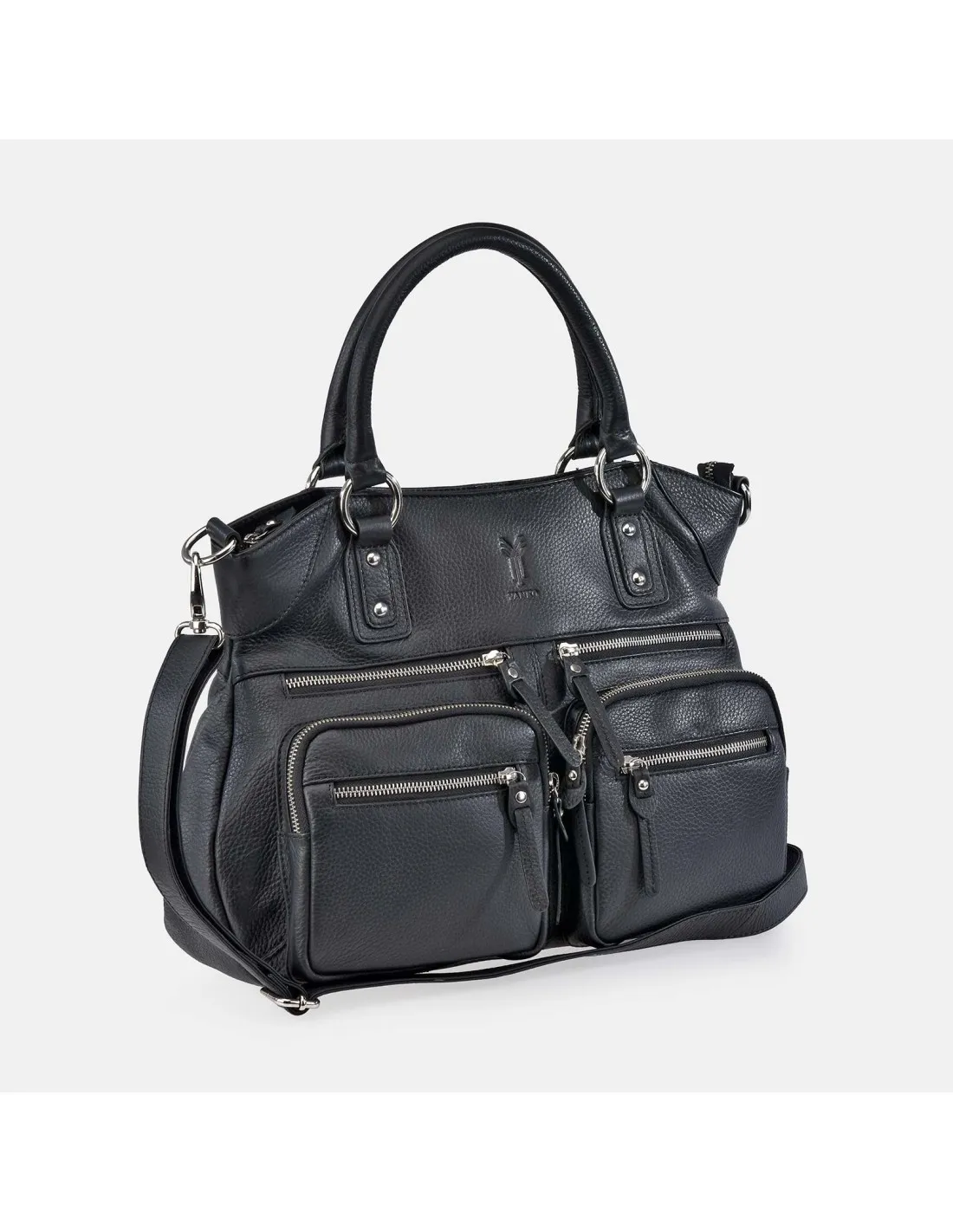 YANKO Bolso de hombro grande para mujer en piel negro con cremalleras y doble asa